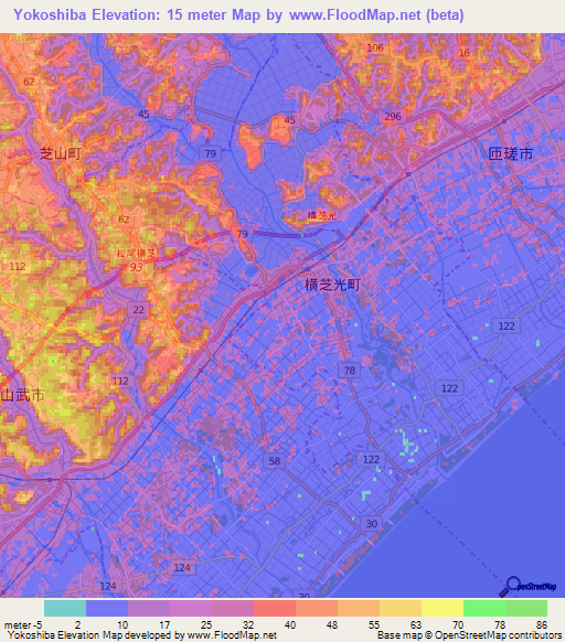 Yokoshiba,Japan Elevation Map