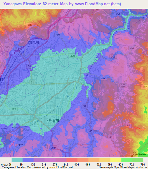 Yanagawa,Japan Elevation Map