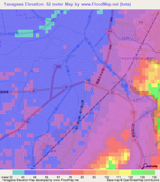 Yanagawa,Japan Elevation Map