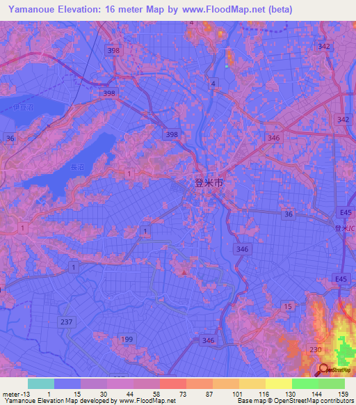 Yamanoue,Japan Elevation Map