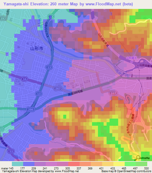 Yamagata-shi,Japan Elevation Map