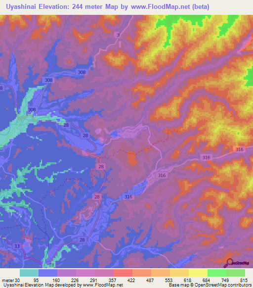 Uyashinai,Japan Elevation Map