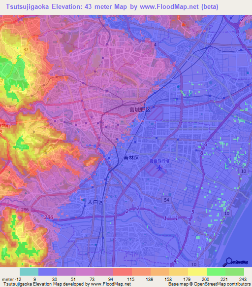 Tsutsujigaoka,Japan Elevation Map