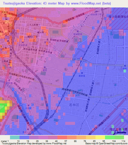 Tsutsujigaoka,Japan Elevation Map