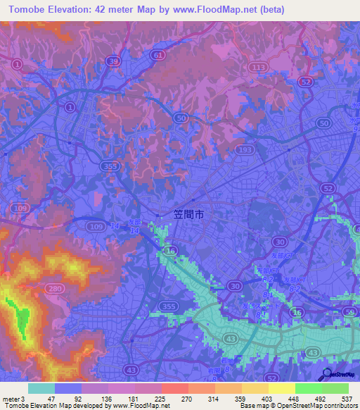 Tomobe,Japan Elevation Map
