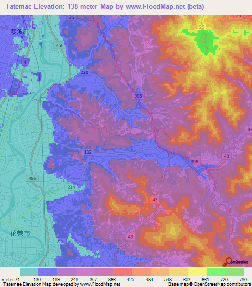 Tatemae,Japan Elevation Map