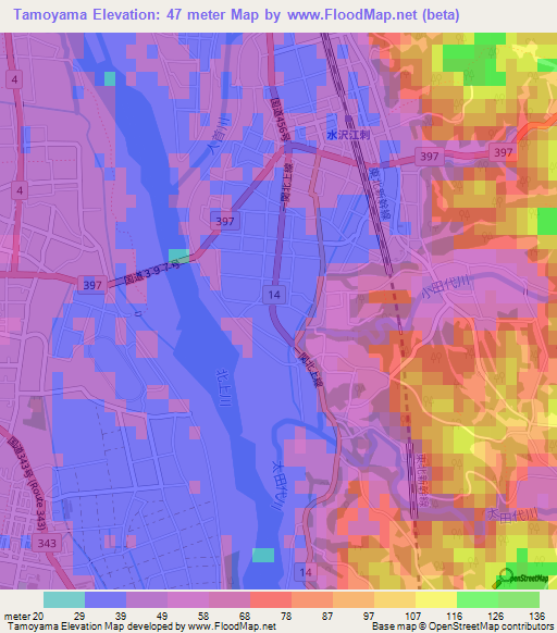 Tamoyama,Japan Elevation Map
