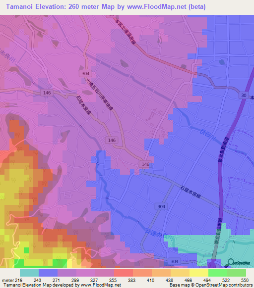 Tamanoi,Japan Elevation Map