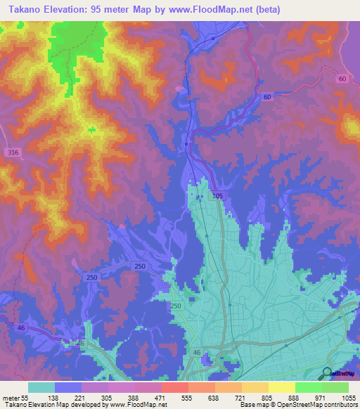 Takano,Japan Elevation Map