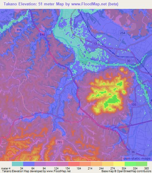Takano,Japan Elevation Map