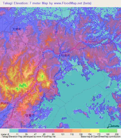 Takagi,Japan Elevation Map