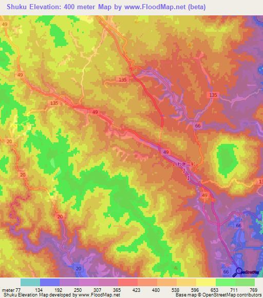Shuku,Japan Elevation Map