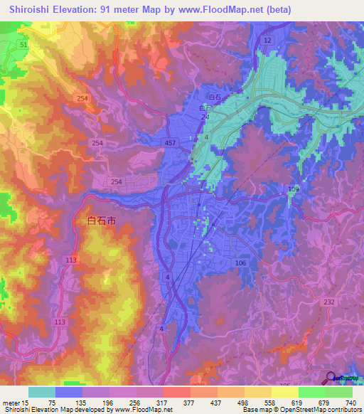 Shiroishi,Japan Elevation Map