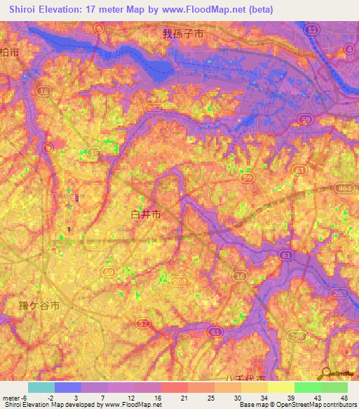 Shiroi,Japan Elevation Map