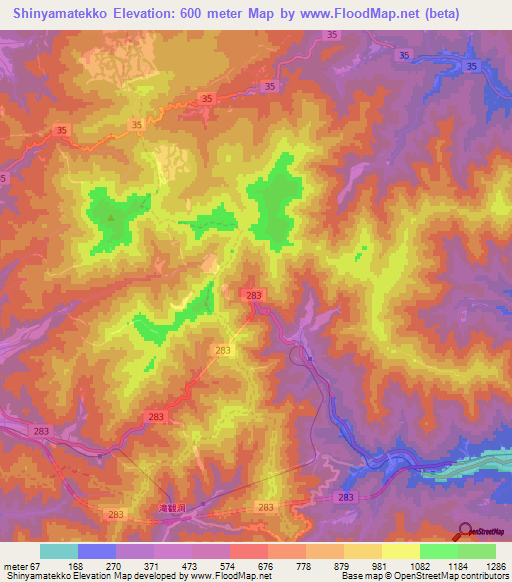 Shinyamatekko,Japan Elevation Map