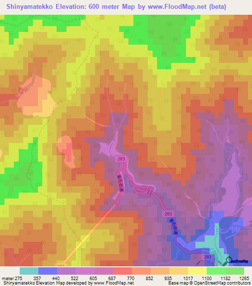 Shinyamatekko,Japan Elevation Map