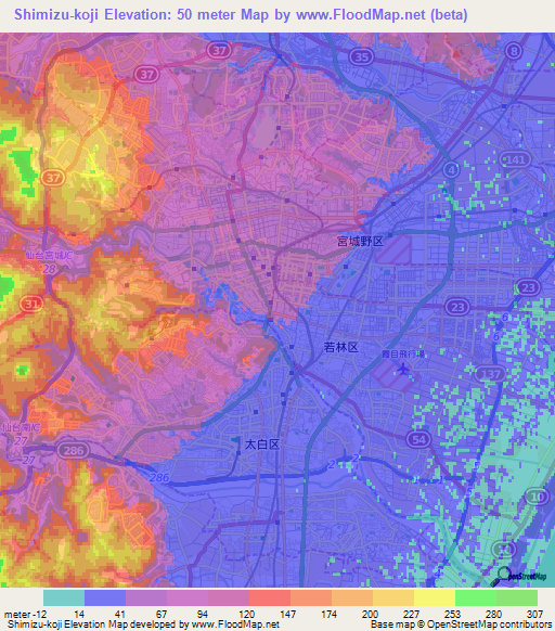 Shimizu-koji,Japan Elevation Map