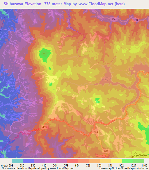 Shibazawa,Japan Elevation Map