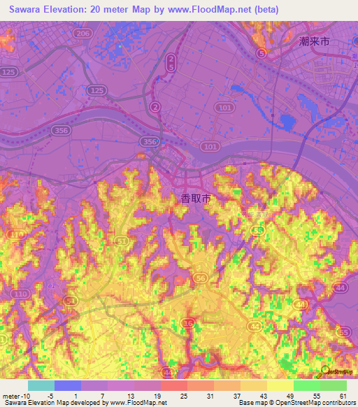 Sawara,Japan Elevation Map