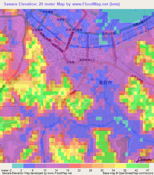 Sawara,Japan Elevation Map