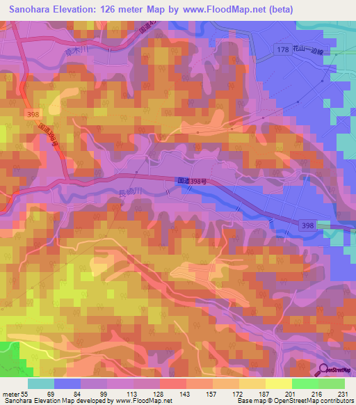 Sanohara,Japan Elevation Map