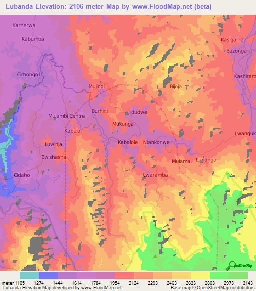 Lubanda,Congo (Kinshasa) Elevation Map