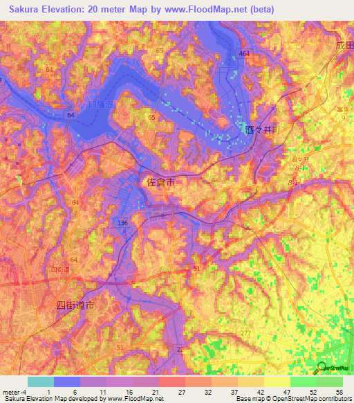 Sakura,Japan Elevation Map