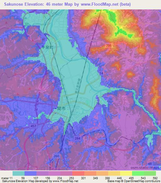 Sakunose,Japan Elevation Map