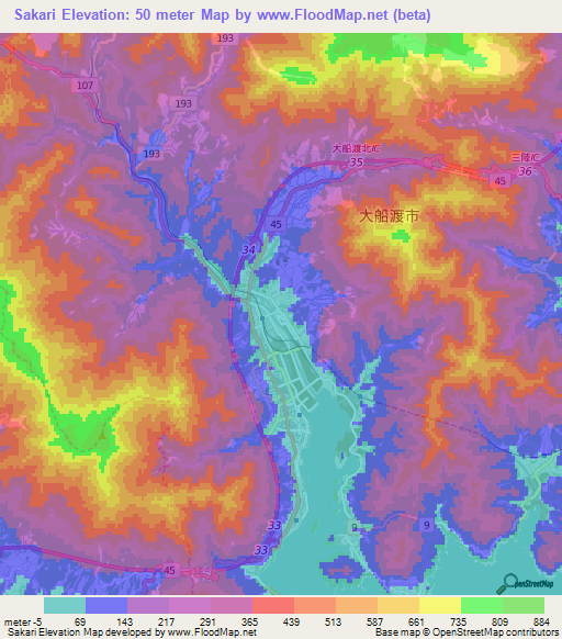 Sakari,Japan Elevation Map