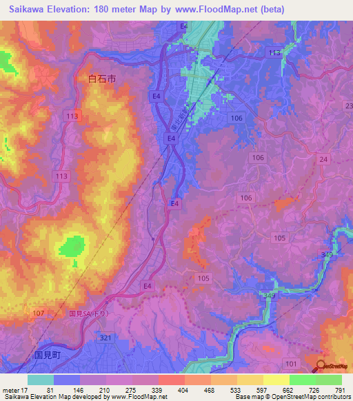 Saikawa,Japan Elevation Map