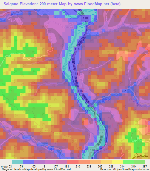 Saigane,Japan Elevation Map