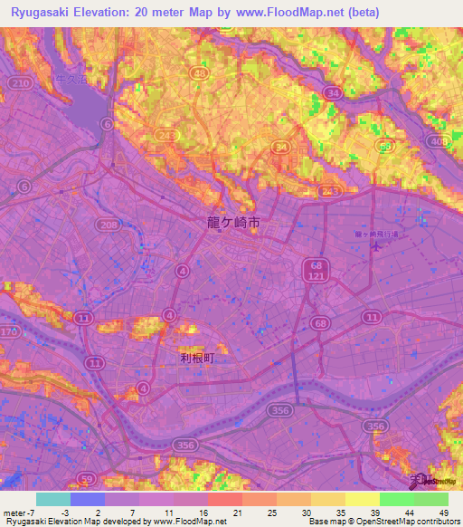 Ryugasaki,Japan Elevation Map