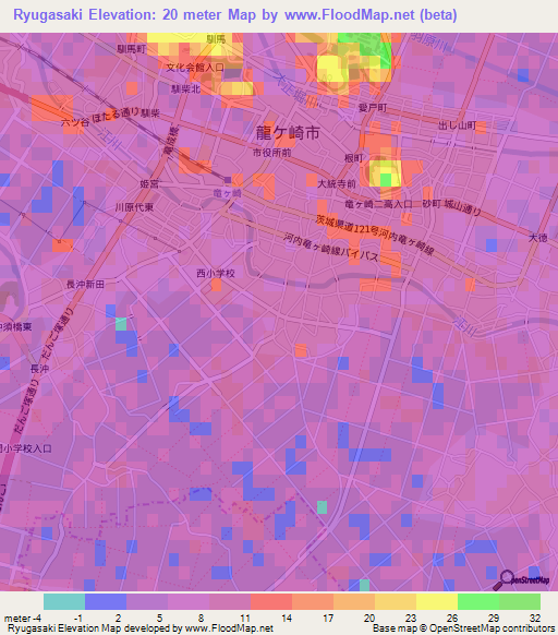 Ryugasaki,Japan Elevation Map