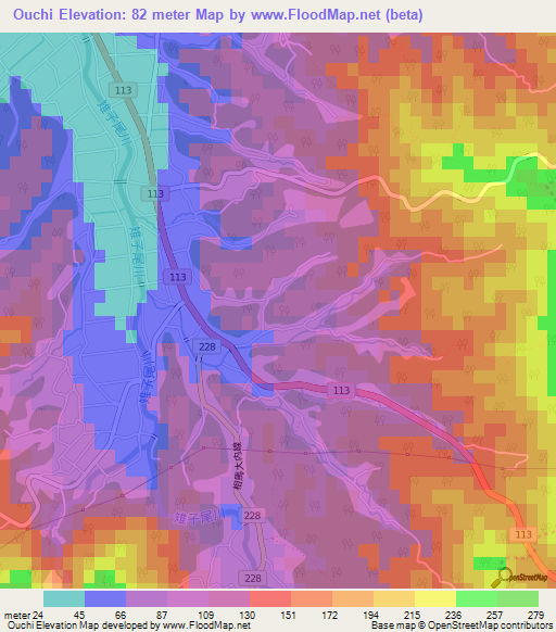Ouchi,Japan Elevation Map