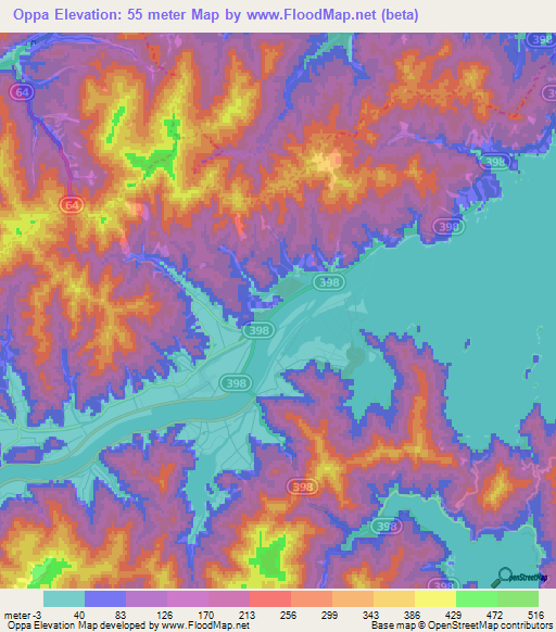 Oppa,Japan Elevation Map