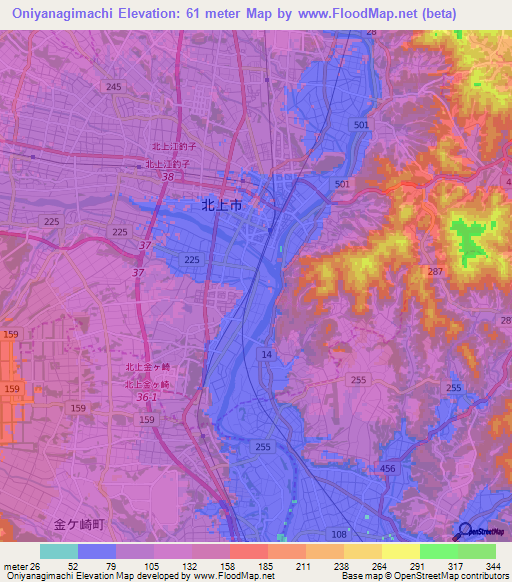 Oniyanagimachi,Japan Elevation Map