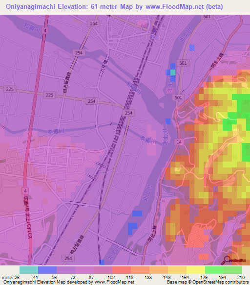 Oniyanagimachi,Japan Elevation Map