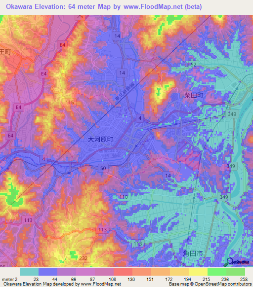 Okawara,Japan Elevation Map