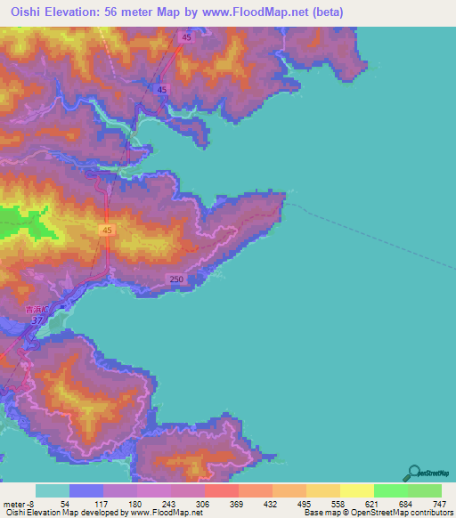 Oishi,Japan Elevation Map