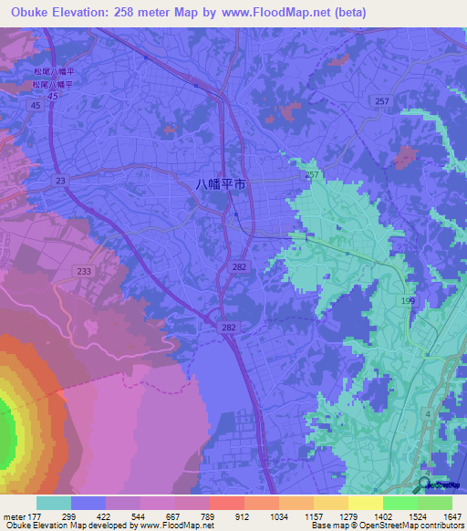 Obuke,Japan Elevation Map
