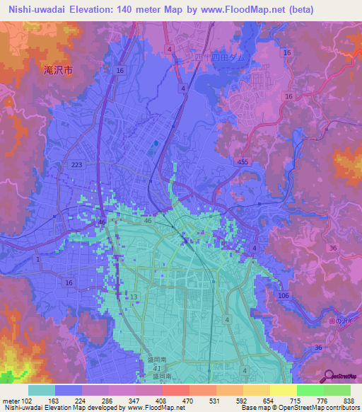 Nishi-uwadai,Japan Elevation Map