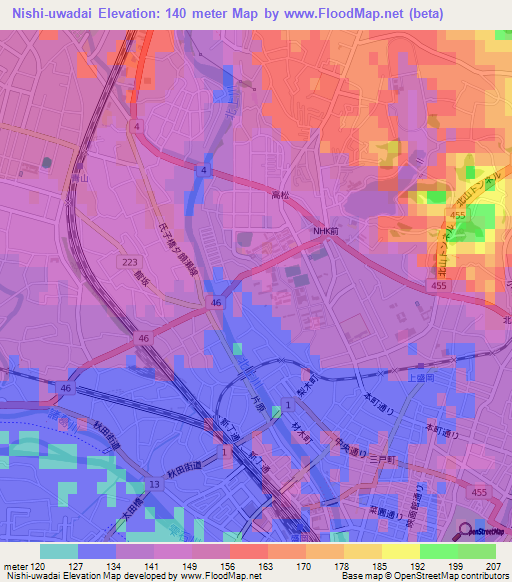 Nishi-uwadai,Japan Elevation Map