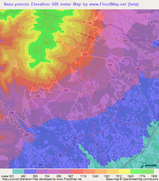 Nasu-yumoto,Japan Elevation Map