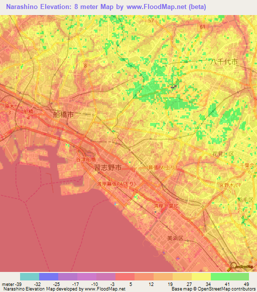Narashino,Japan Elevation Map