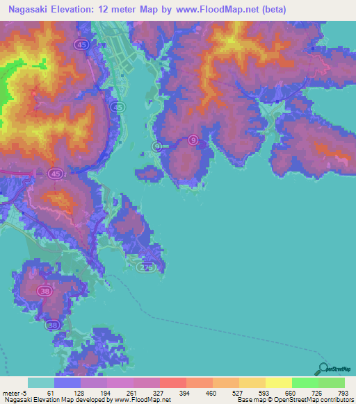 Nagasaki,Japan Elevation Map