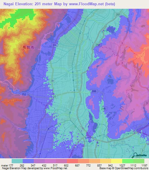 Nagai,Japan Elevation Map