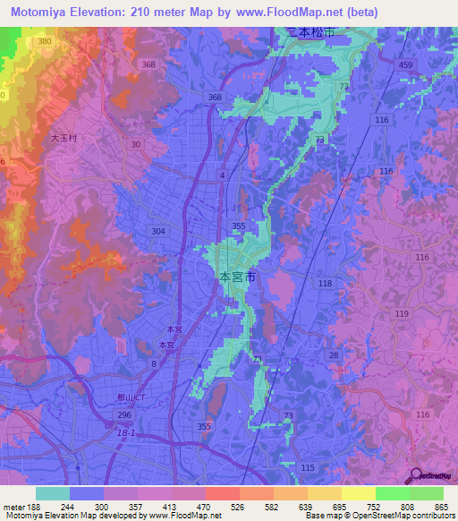Motomiya,Japan Elevation Map