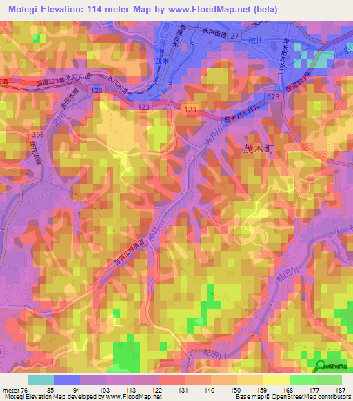 Motegi,Japan Elevation Map