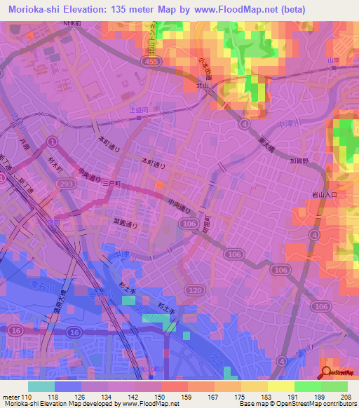 Morioka-shi,Japan Elevation Map