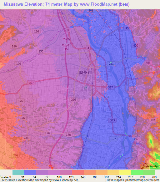 Mizusawa,Japan Elevation Map